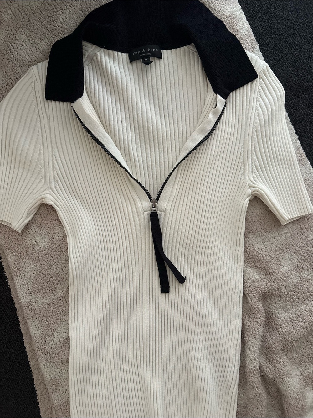 rag & bone Ivory Ribbed Polo Zip-Front Top with Black Collar